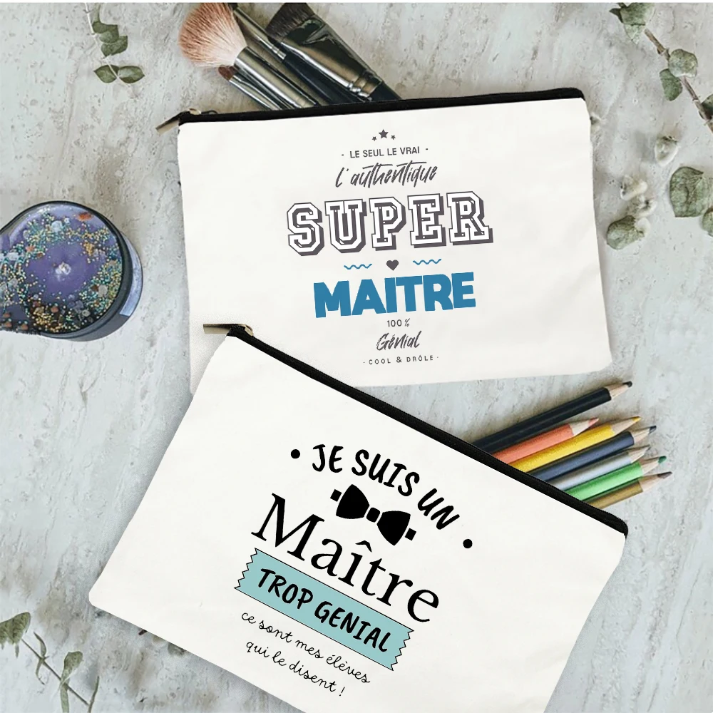 Super Maitre French Printed Pencil Bag Men Travel Toiletry Storage Pouch Stationery Bags Makeup Case Graduate Gift for Teachers