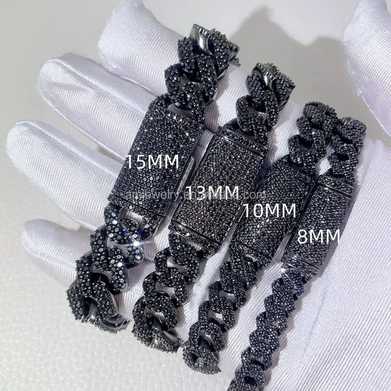 

Wholesale VVS Black Moissanite Miami Cuban Link Chain 8mm 10mm 12mm 14mm 18mm HipHop Necklace Bracelet Men Jewelry