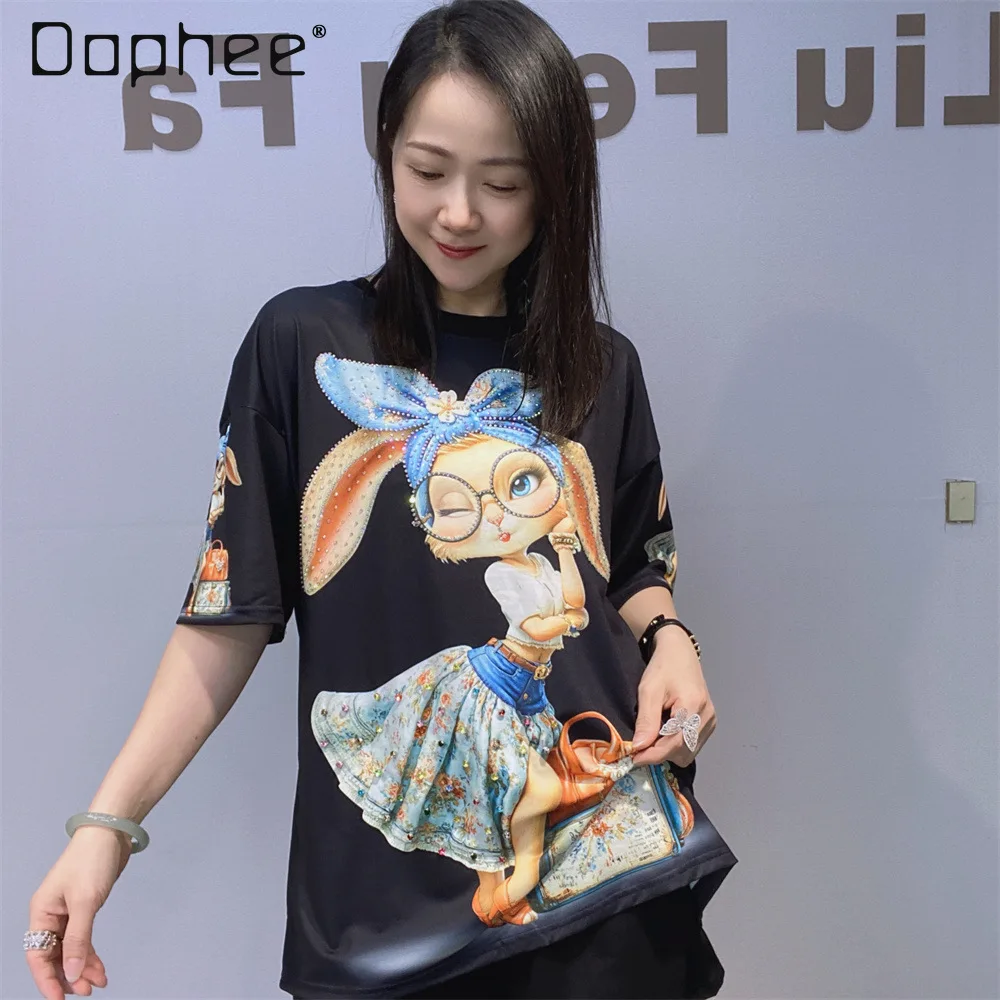 

Crew Neck Short Sleeve T-Shirt Women's Summer Print Casual Fashion Beaded Rabbit Half Sleeve Top 2026 New Rhinestone Top