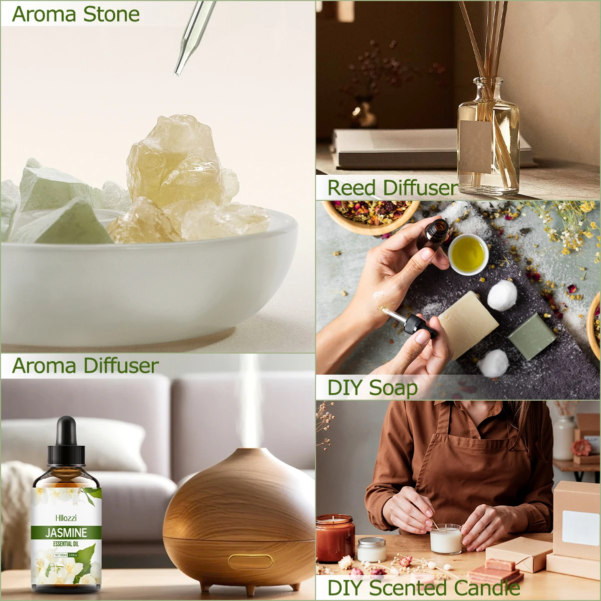 자스민 에센셜 오일은 피부 관리, 마사지, 목욕, 아로마테라피에 사용되며, 몸과 머리에 사용하기에 적합합니다.