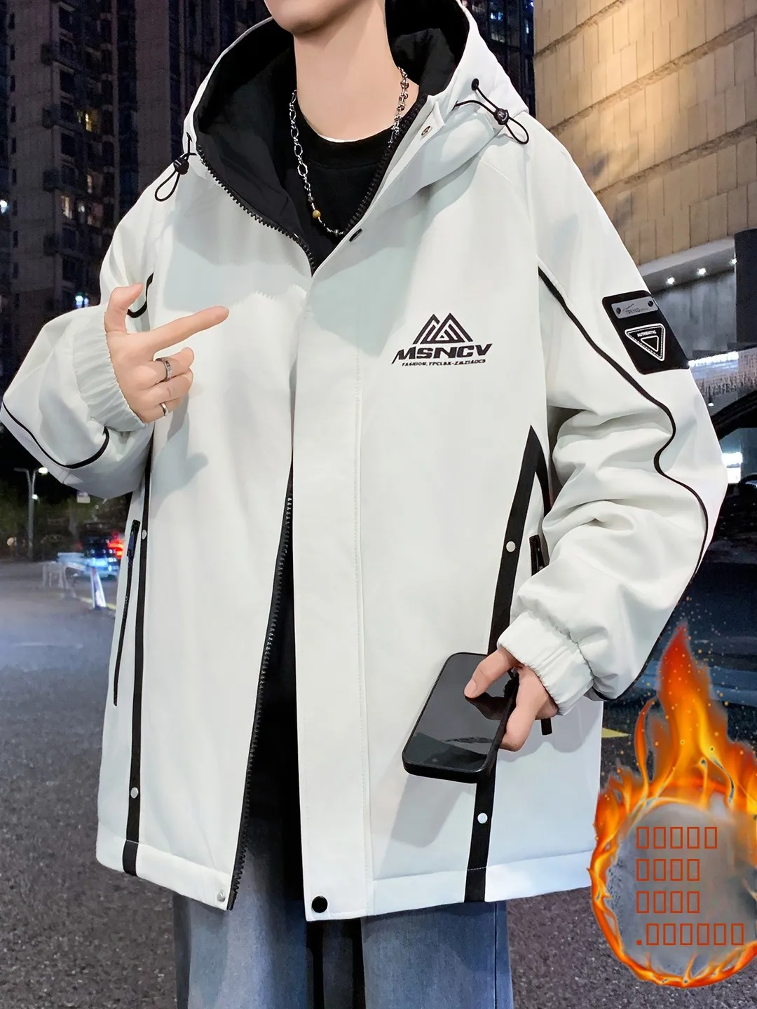 

Thiened Fce Hooded Jaet Men's Casual Sle Warmth Outerwear Long Sve Zipper Closure Polyester Fabric Youth Trend