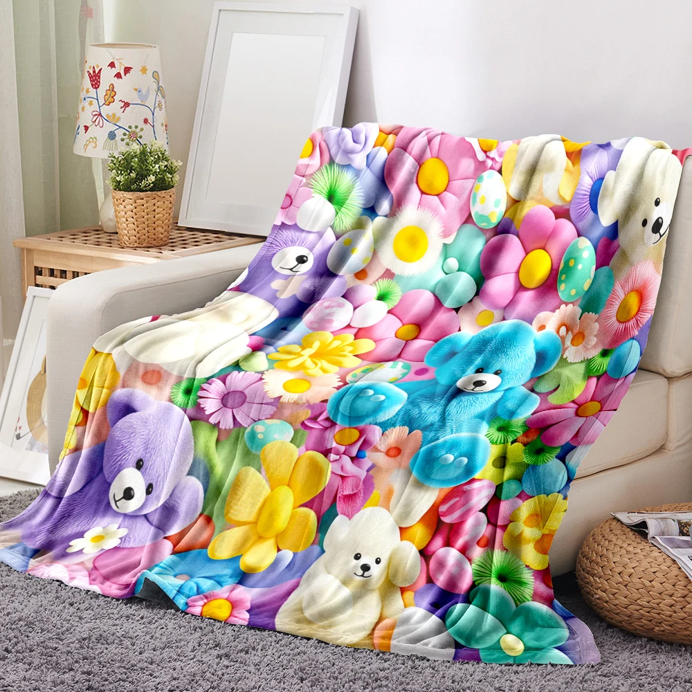 1PC Pastel Teddy Bear and Floral-Print Blanket-Made of Soft, Fluffy Flannel, Perfect for Cozying up on a Sofa or Bed. Ideal for