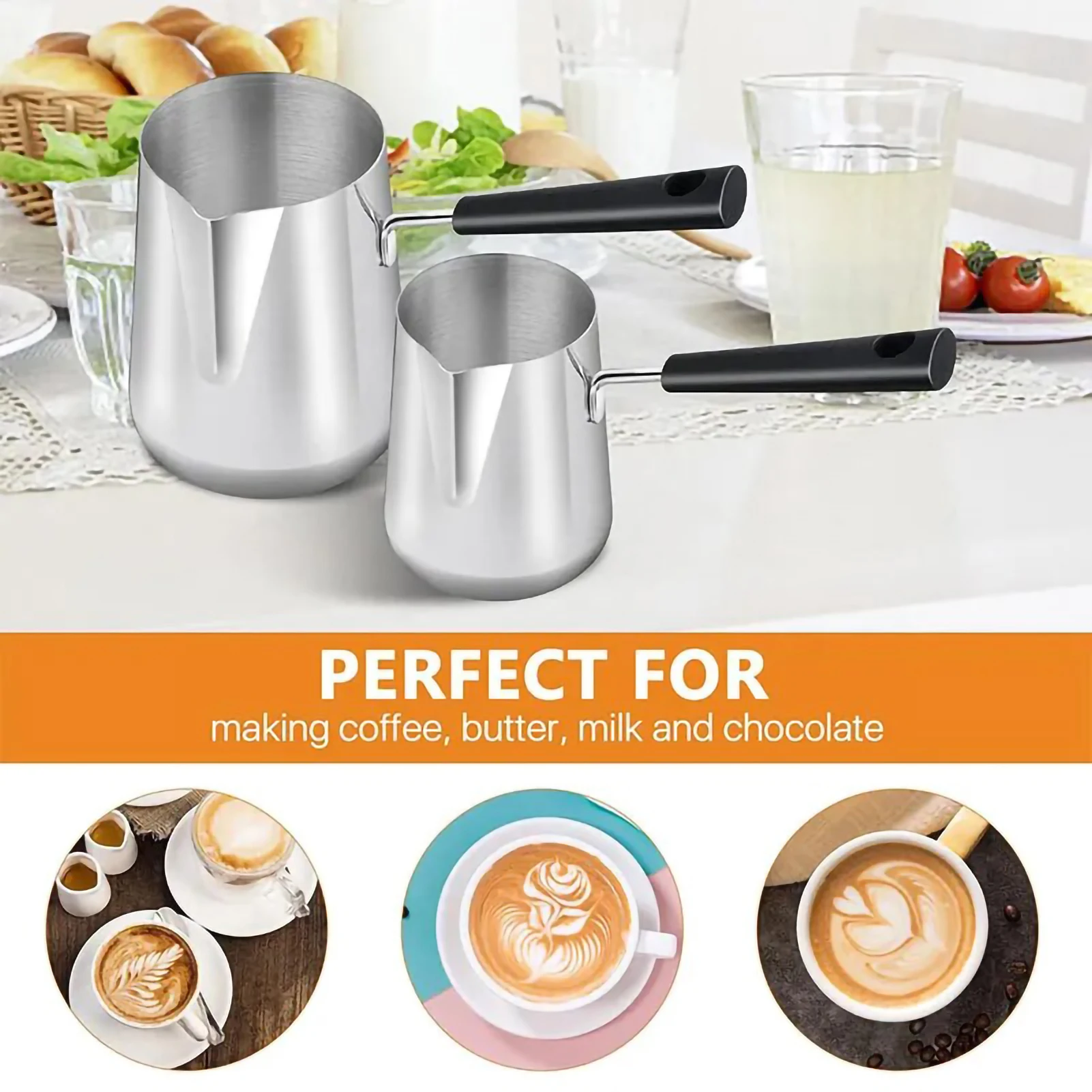 350 ml/600 ml Long Handle Turkish Coffee Pot Pouring Spout Stainless Steel Milk Butter Warmer Pot Stovetop Chocolate Melting Pan