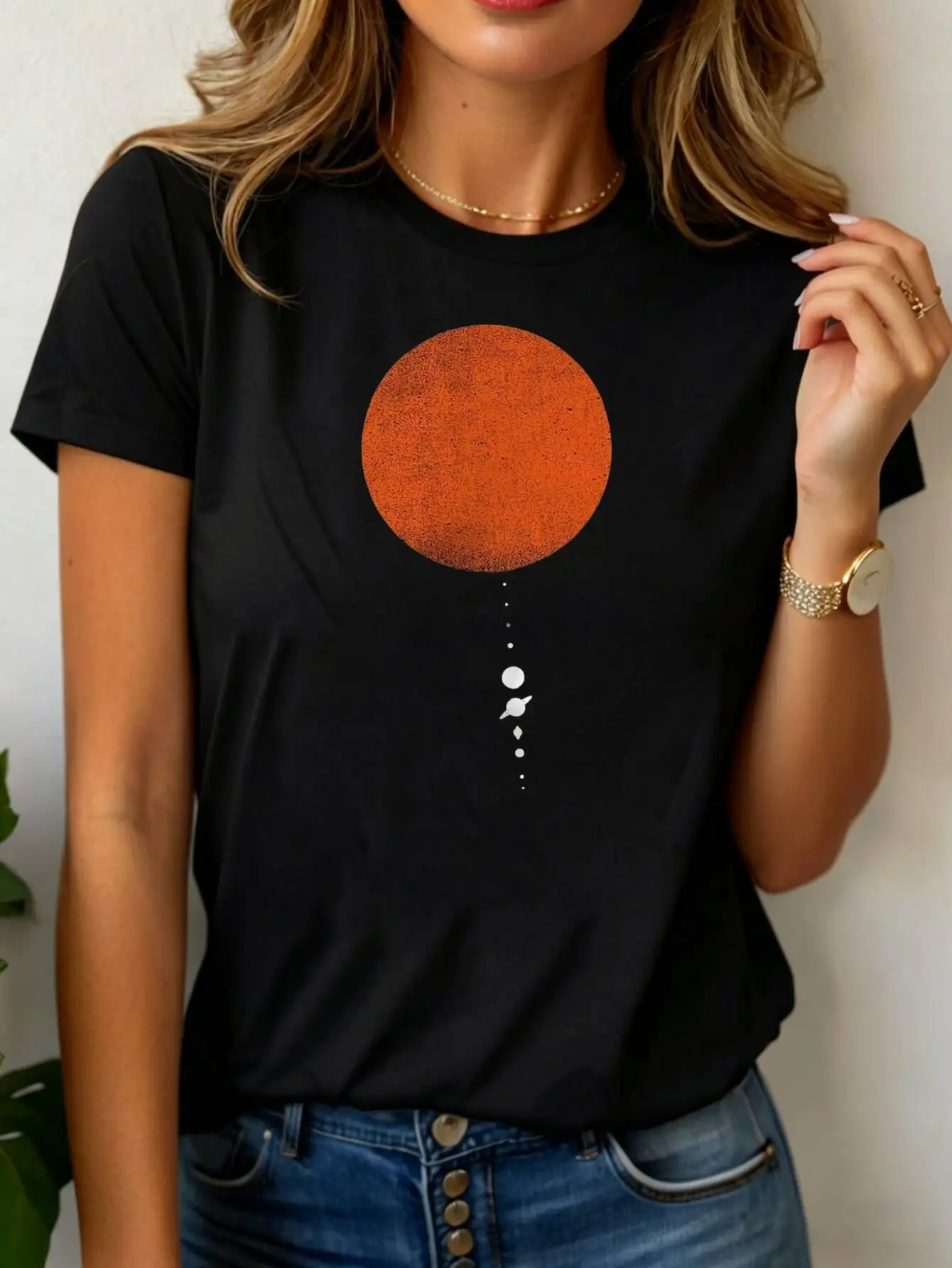 Women's T-Shirt Orange Planet Graphic Print Round Neck Short Sleeve Lightweight Comfortable For Daily female shirt tops tee