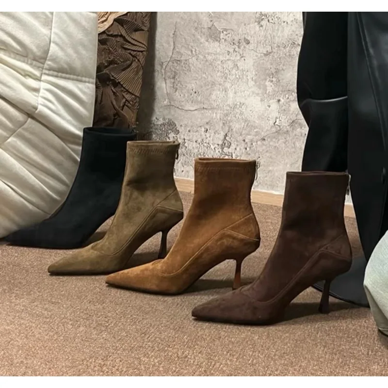 Designer Vintage Frauen Stiefeletten Mode Spitz Schuhe Herbst Winter High Heel Damen Elegante Stretch Dünne Kurze Booties