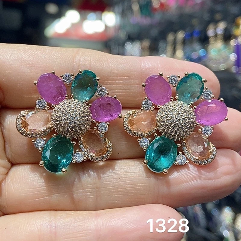 

cubic zirconia colorful flower stud earrings women wedding party spring summer daily wear fresh color sweet jewelry female