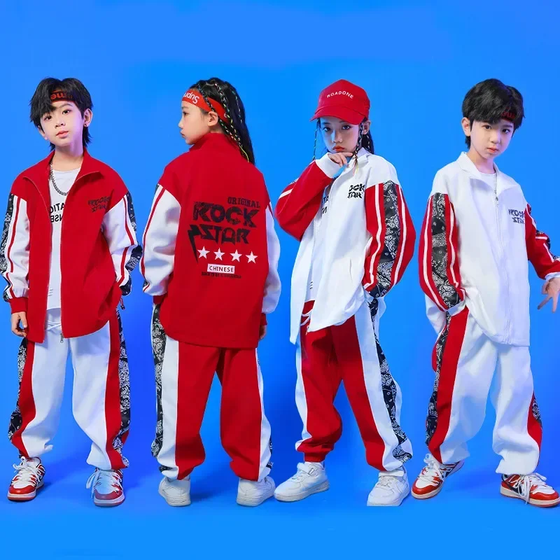 Jazz Dance Costume Clothes Wear Outfits Set Kid Hip Hop Clothing Print Zip Up Bomber Jacket Top Casual Jogger Pants for Girl Boy