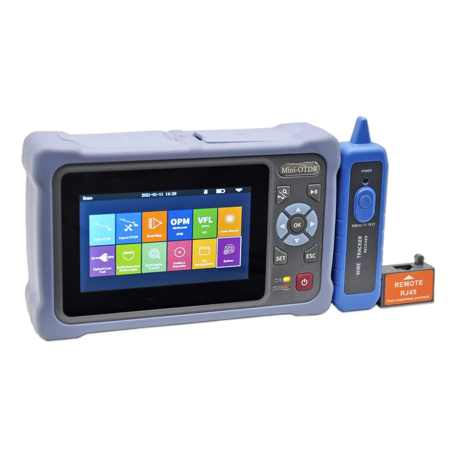 جهاز اختبار الألياف الضوئية SM 1310/1550nm 26/24dB 100 كجم مع شاشة لمس 4.3 بوصة، متعددة الوظائف