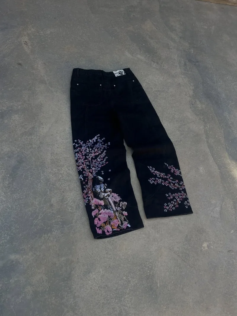 

Y2K Gothic New Fashion Oversized Pattern Embroidered Blue Jeans Women Vintage Hip Hop Popular Wild Straight Wide-leg Trousers
