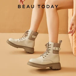 BeauToday Ankel Boots Women Genuine Cow Leather Round Toe Lace Up Buckle Strap Decor Elastic Band Fashion Female Handmade 04225