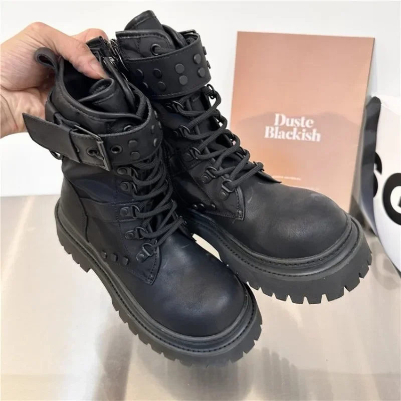 2024 Belt Buckle Platform Combat Boots Women Chunky Heels Lace Up Ankle Boots Woman Side Zipper PU Leather Short Booties