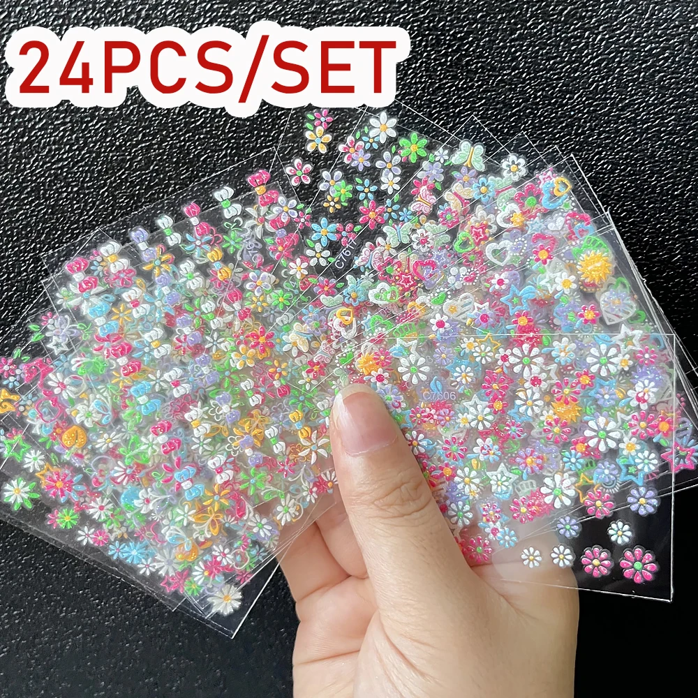 24 個蛍光花ネイルアートステッカーセット 3D 光沢のあるグリッターパウダーデイジーハートネイルデカール自己粘着小花ネイルデコレーション