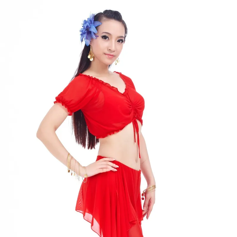 Fil d'eau personnalisé froissé à manches courtes, costumes de danse du ventre, vêtements d'entraînement, fil d'eau importé, hauts d'entraînement