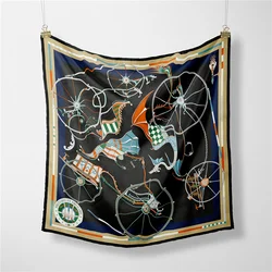 Twill Silk Scarf Woman Carriage Wheel Print Square Scarves Wraps Bandana Small Hijab Silk Foulards Tie Headband Neckerchief 53CM