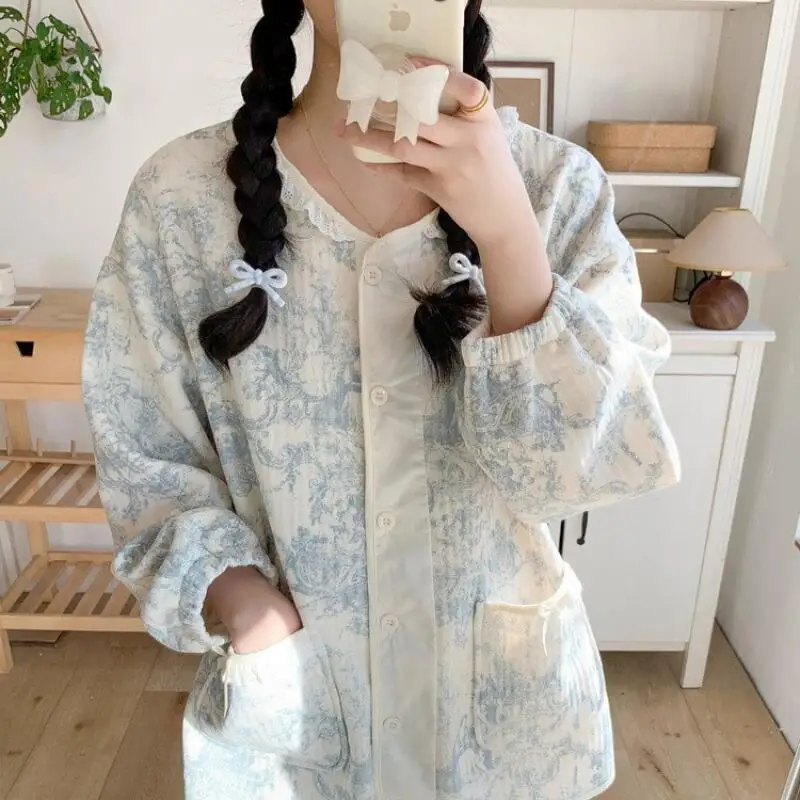 

Корейская версия, женские пижамы с круглым вырезом, утепленный комплект домашней одежды для девочек, осенне-зимняя одежда для дома, новый костюм, которую можно носить в качестве верхней одежды