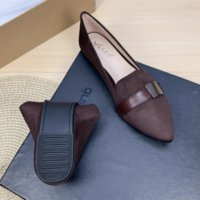 Women Yellow Beige Flat Shoes Pointed Toe Wide fitting Flock Slip-On Belt Buckle Strap Retro Comfortable Footwear 33 35 48 28cm