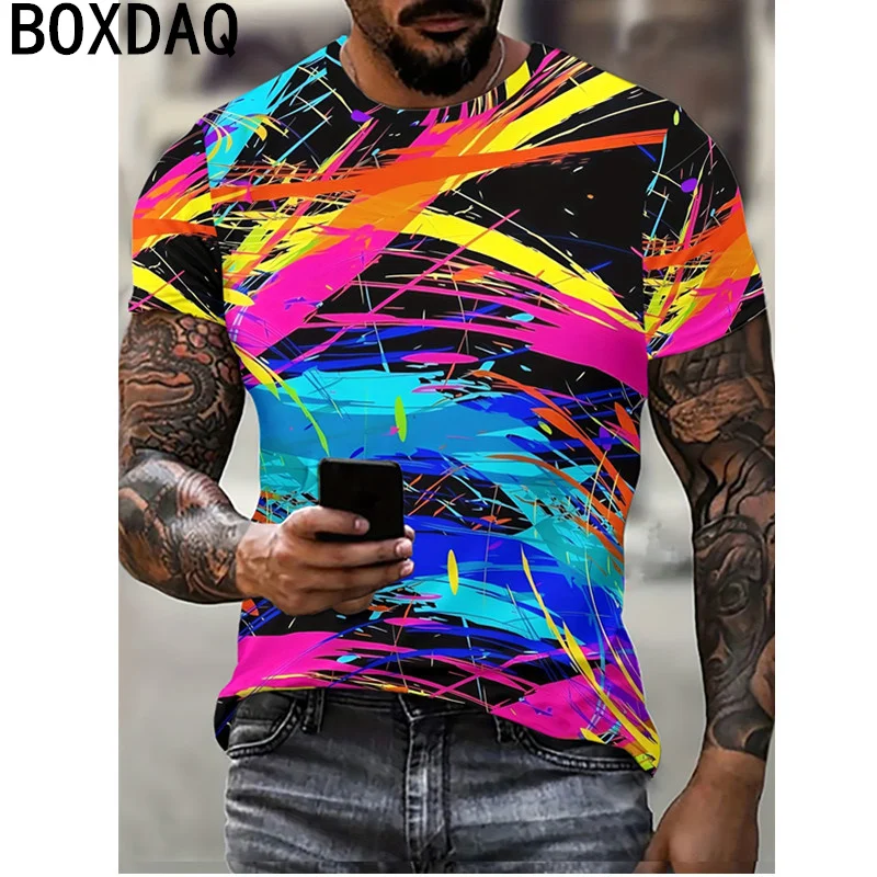 Colorful Stripe Tie Dye Gradient Printing T-Shirt Men Short Sleeve Casual Tops Summer New Fashion Street Personality T-Shirts