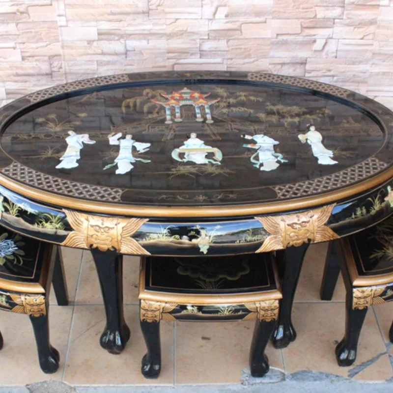 

Carved hand-painted Dan Tai black stone flower one table and six chairs dining table