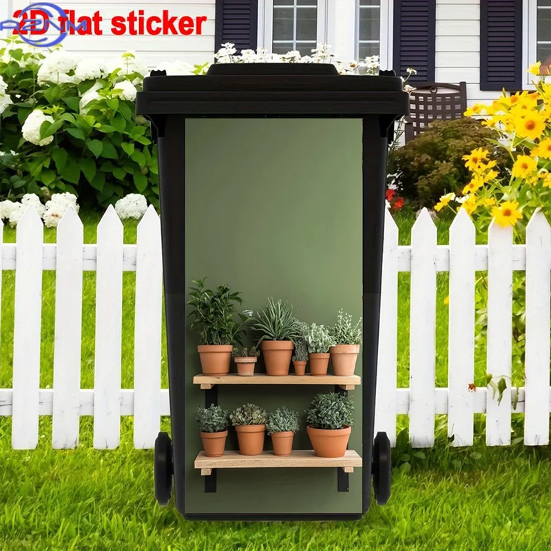 Earthy Tones Trash Can Stickers Painting, Terracotta Pots Self-Adhesive Stickers, Indoor Plants Self-Adhesive Removable Trash