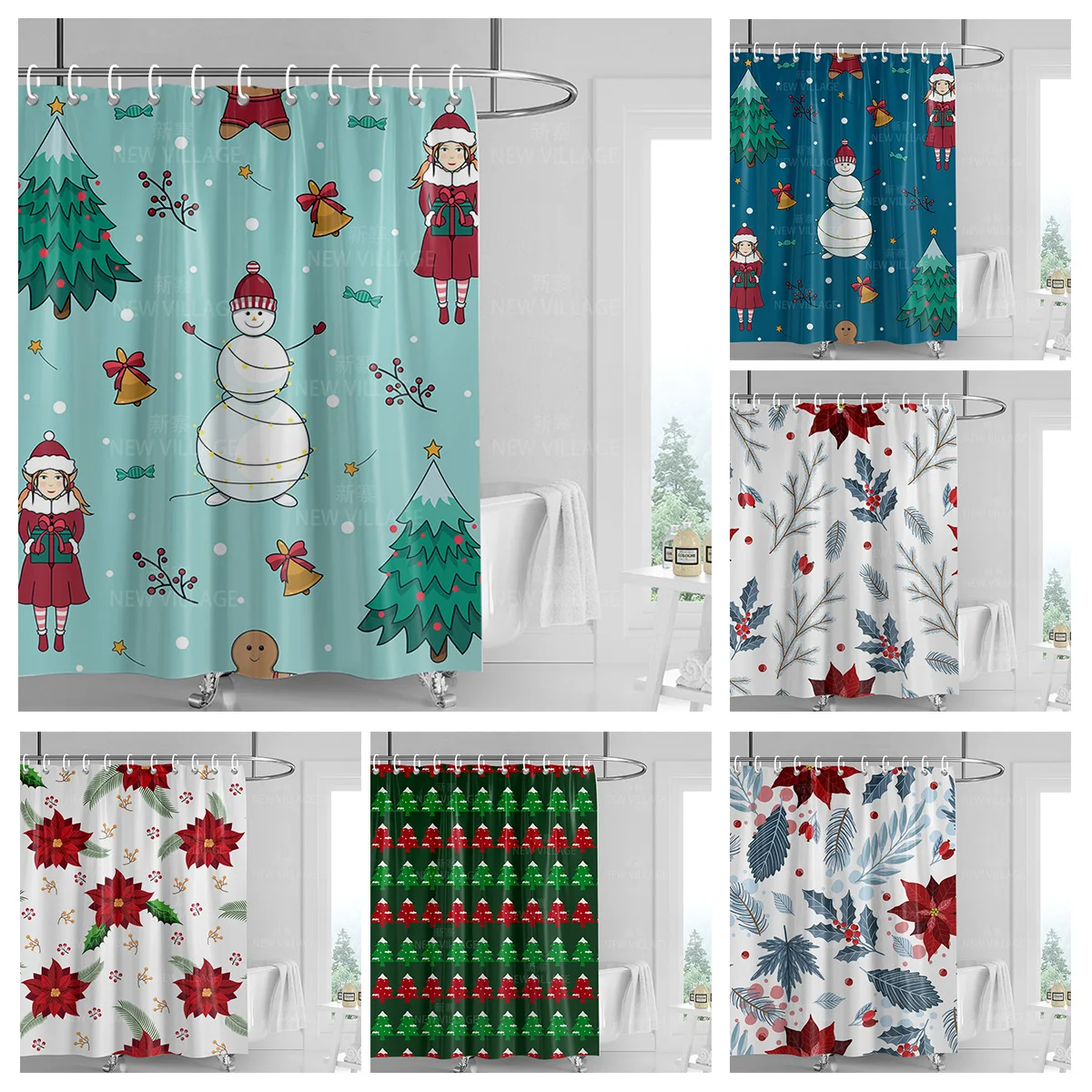 Home shower curtains bathroom Decora waterproof fabric non-slip bathmat water absorption curtain Modern nordic Merry Christmas