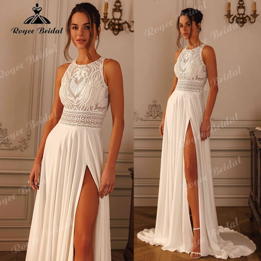 A Line Wedding Dress Sleeveless Lace Bodice Keyhole Open Back Chiffon Skirt High Side Slit Sweep Train Vestido De Novia Customiz