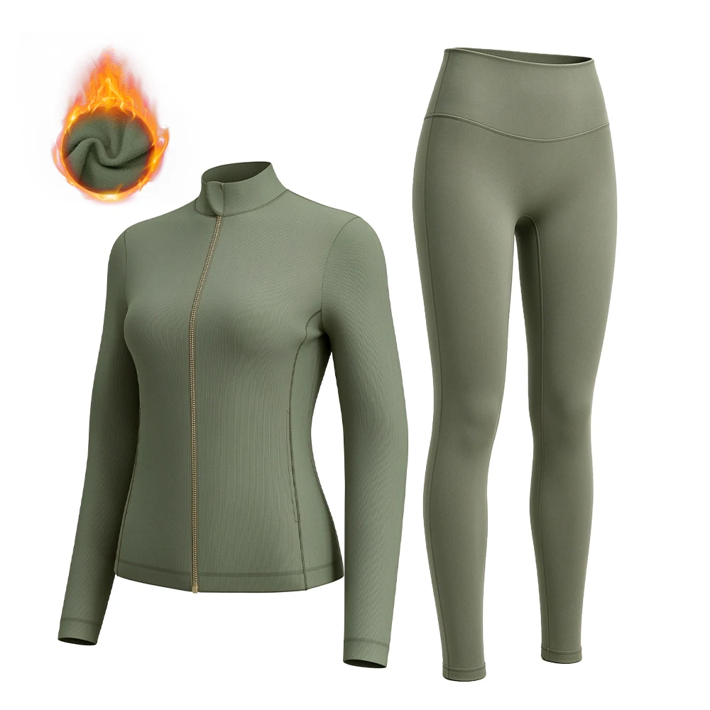 Fleece Warm Yoga Set Women, Long Sleeve Zipper Jacket + Long Pants ,Women Sports Fitness Sportswear Autumn Winter Workout Outfit