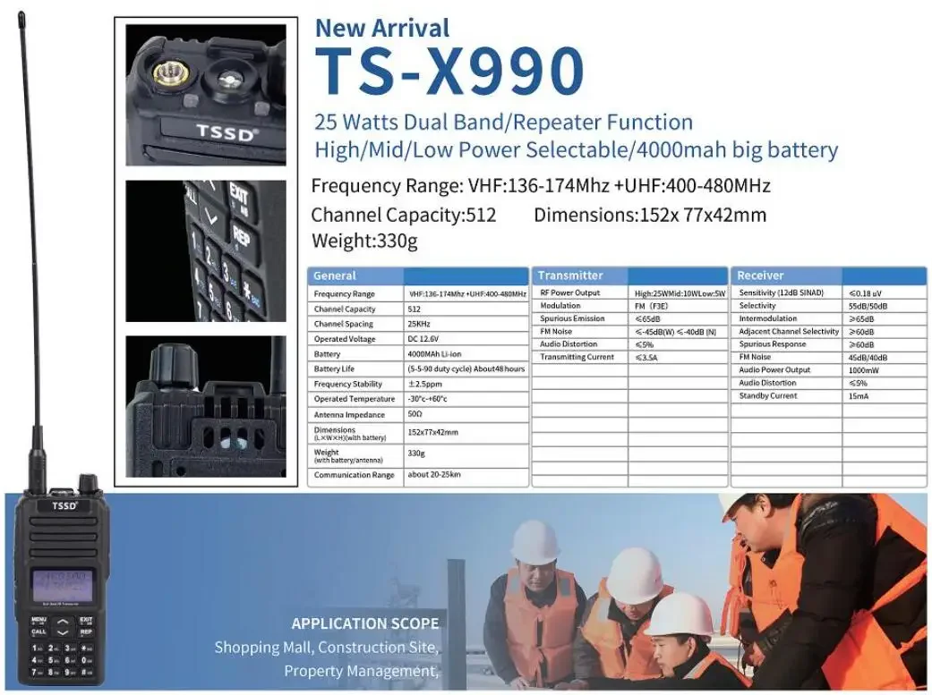 TSSD X990 25와트 실외 핸드헬드 듀얼 밴드 Vhf Uhf Fm 송신기 25w 양방향 라디오 워키토키(리피터 기지국 포함)