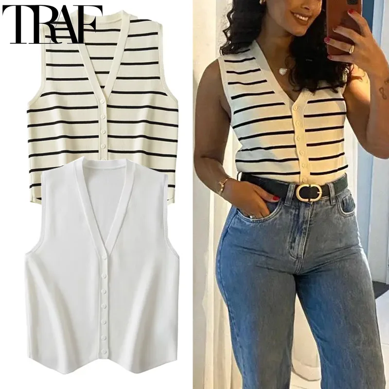 TRAF Stripe Vests For Women Crop White Knit Vest Woman Summer V Neck Sleeveless Knitted Vests Preppy Short Sweaters Vest Top