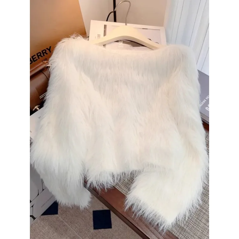 Design Off-shoulder Imitation Mink Fleece Sweater Women's Autumn Winter Soft Waxy Fluffy Knitted Sweater Long-sleeved Short Top