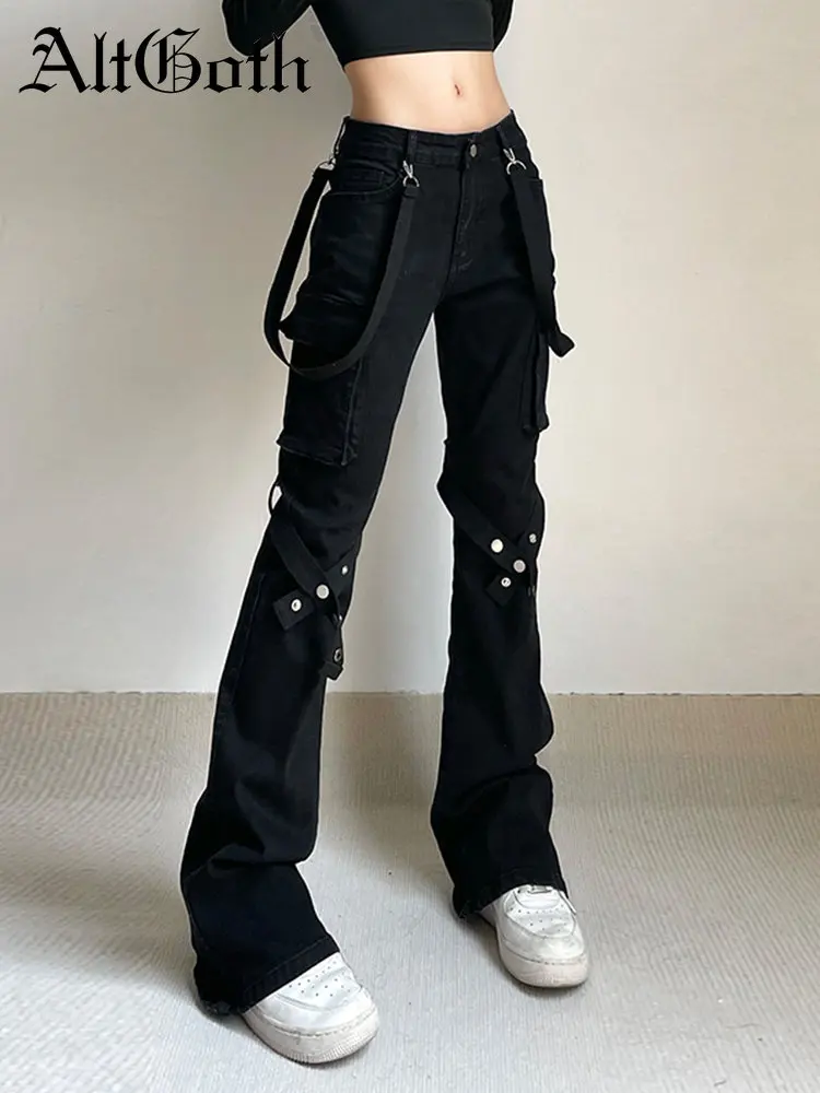 

AltGoth Harajuku Streetwear Emo Alt Straight Pants Women Y2k E-girl Dark Academia Gothic Metal Buckle Leg Ring Trousers Female