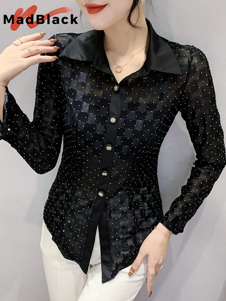 MadBlack Spring Hot Drill Shirt Sexy Sheer Women Turn Down Collar Long Sleeves Button Black Tops Clubwear Shirts New  T32521Z