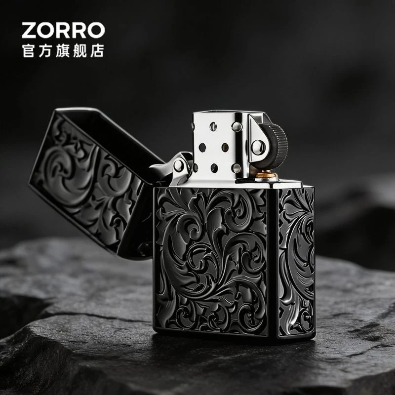 

【ZORRO】Новая черная титановая керосиновая зажигалка Zorro с цветком Танццао, с тиснением в стиле брони, ретро-подарок на день рождения для парня