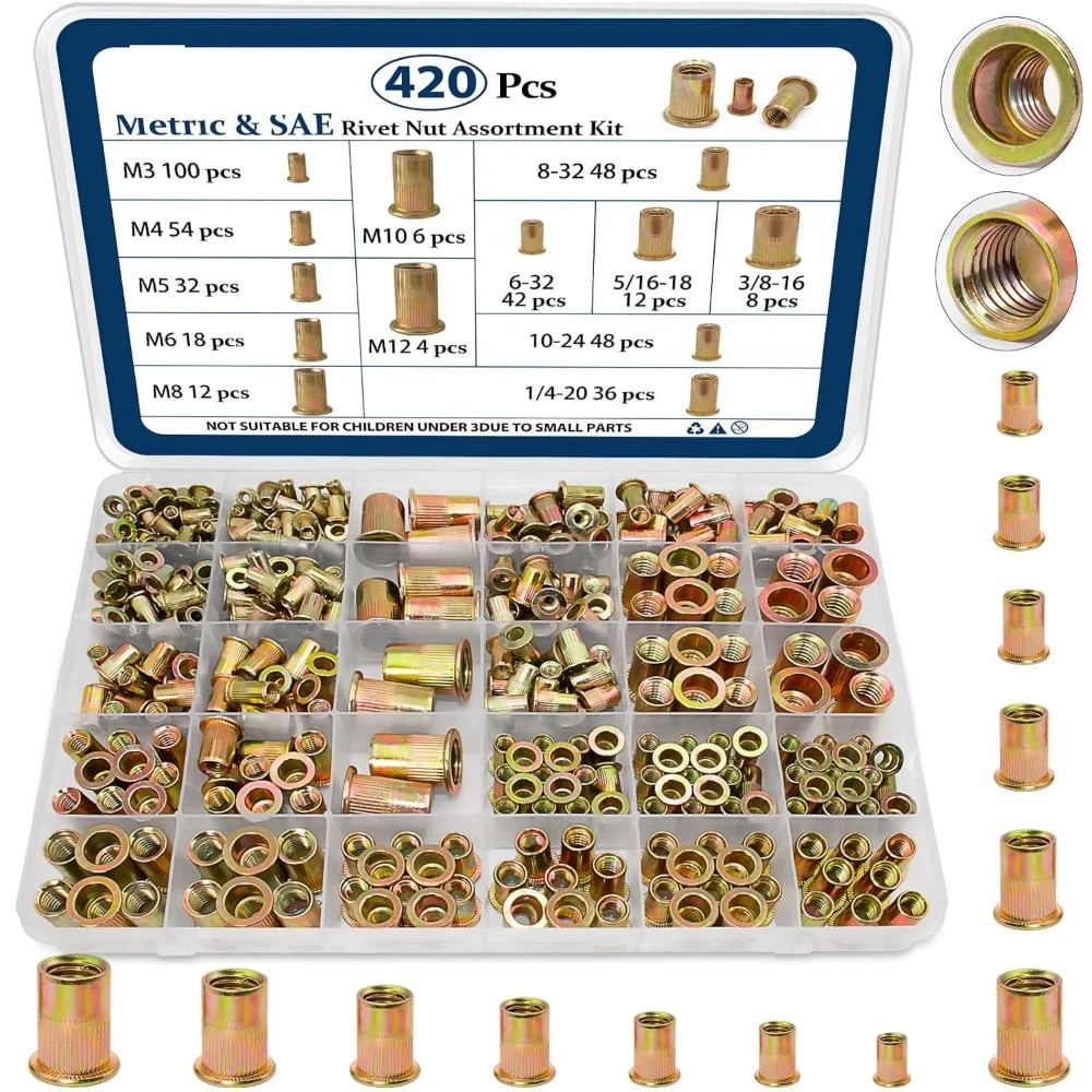 

420pcs Box-packed Remachables Nuts Color Zinc Rivet Nuts Carbon Steel Flat Head Vertical Riveting Nut Sets Hardware Fasteners