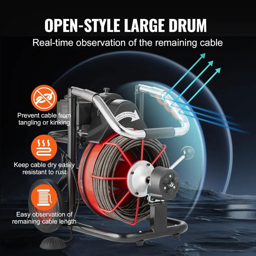 

NEW Auto Feed Drain Cleaner Machine 100FT, 370W Portable Sewer Snake Auger with Wheels & 8 Cutters for 2-4 Inch Pipes