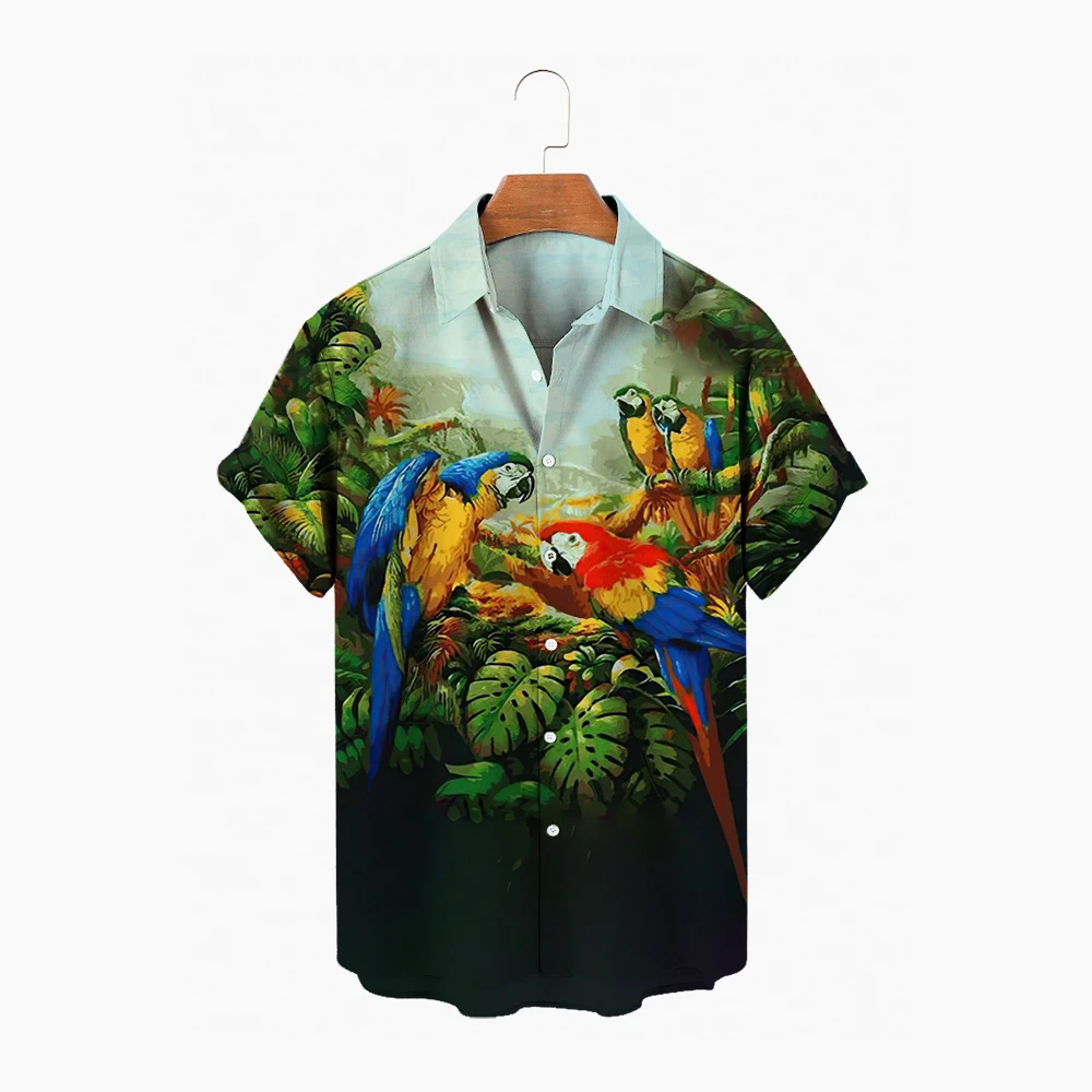 

Hawaiian Men's Short Sleeved Shirt, Open Neck, Single Button, Parrot And Animal Print, Fashion, Beach Top, Summer 2022