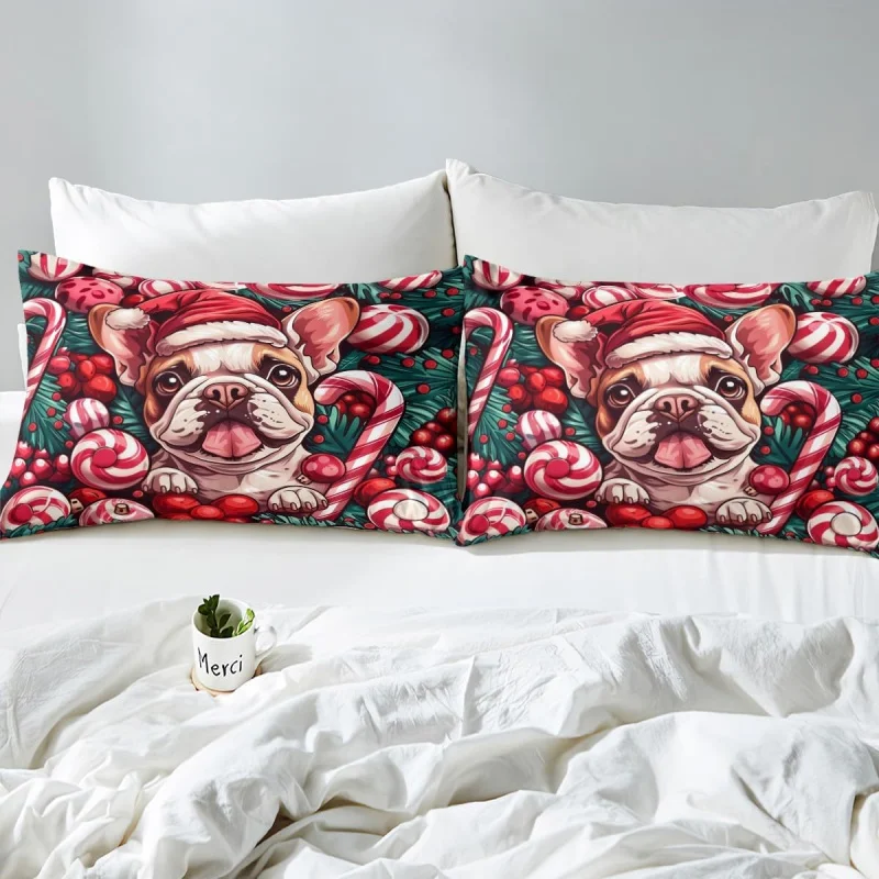 Cartoon Bulldog Children's Bed Sheet Christmas Ball Pine Leaf Bedding Red Green Bed Sheet Set 3 pieces