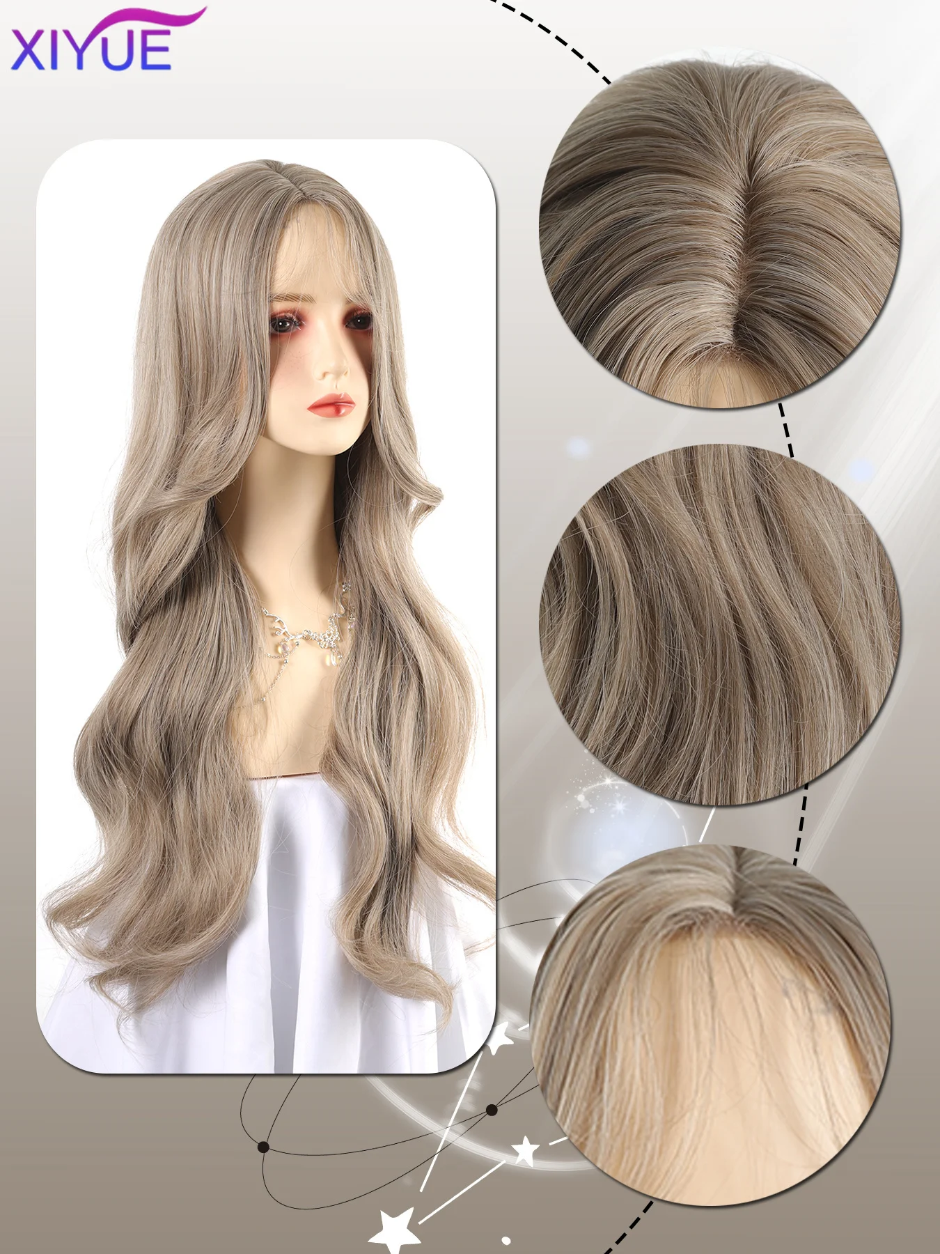 XIYUE Lace Front Wig Long Wavy Synthetic Beige gray Wigs with Bangs for Women Deep Wave Blonde Hairs Cosplay Party Daily Use ﻿