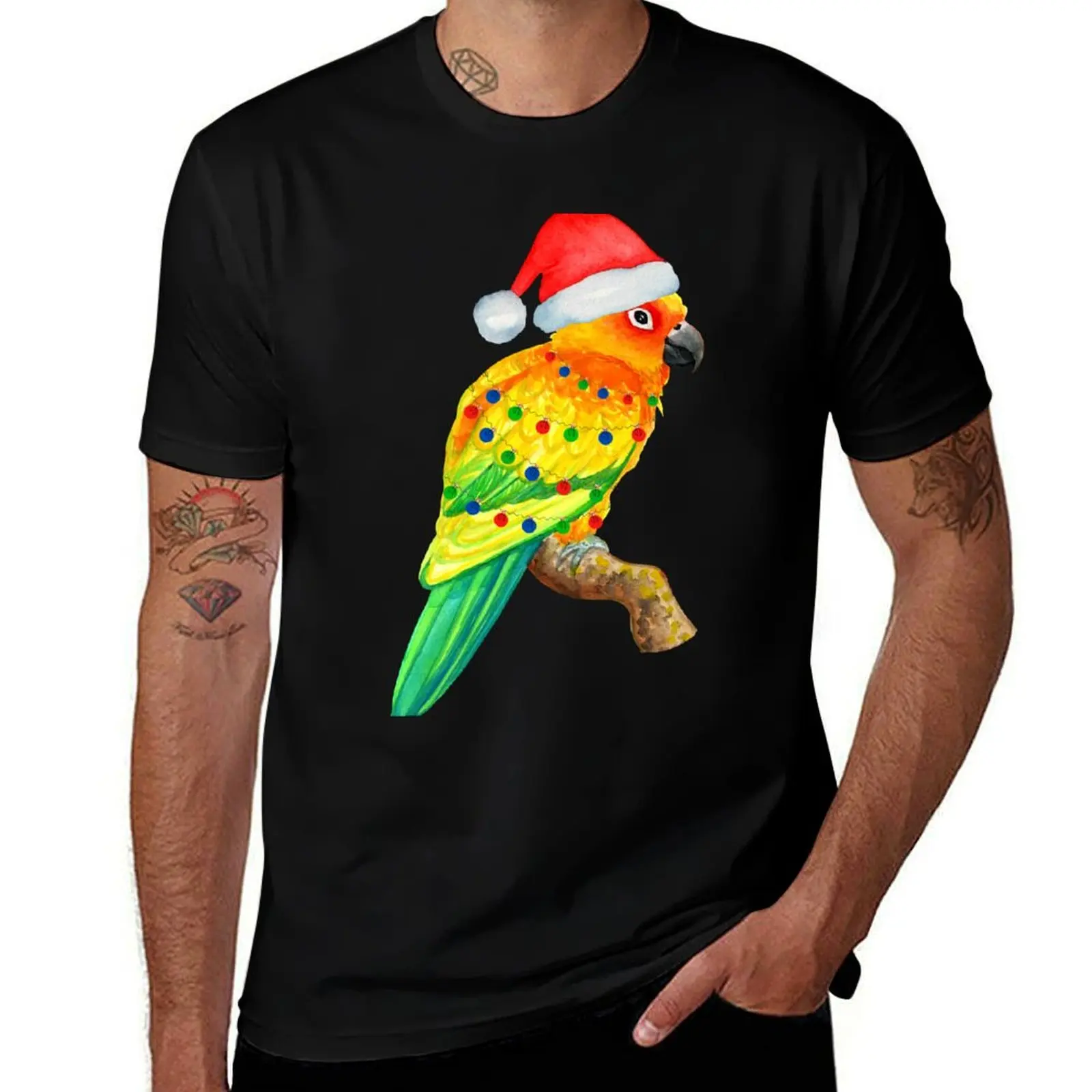 Christmas Sun Conure Parrot Santa Hat & Christmas Lights T-Shirt Retro Graphic Print T-Shirt