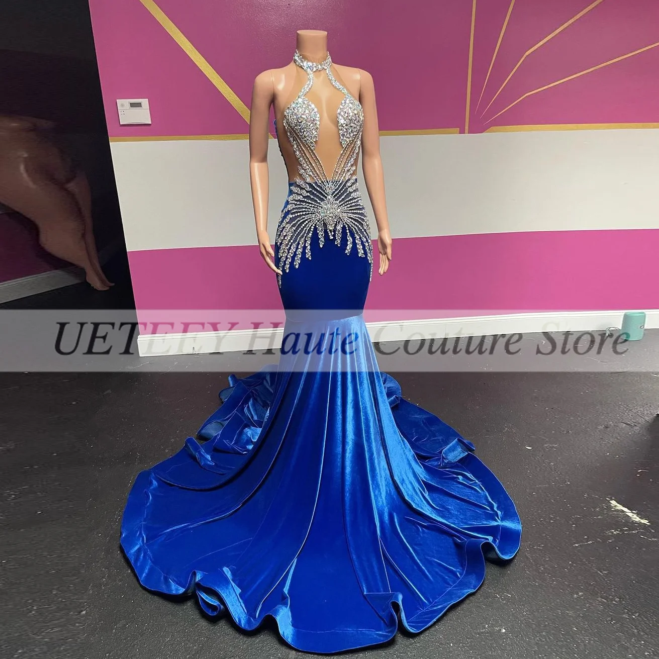 Sexy blaue Samt lange Ballkleid sexy Meerjungfrau Stil schiere meshd formelle Party Abendkleider Geburtstags kleider vestidos de gala