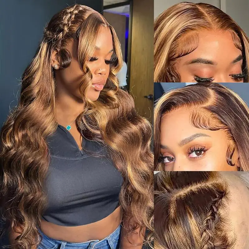 Real 100% Human Hair Honey Blonde WIG HD Swiss Lace Front Wigs 13x6x1 T Part Wig Highlight Body Wave Human Hair Wigs