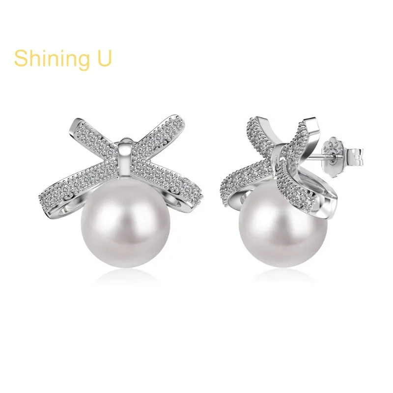 

Shinning U S925 Silver Shell Pearl Bowknot Stud Earrings for Women Fine Jewelry Anniversary Wedding
