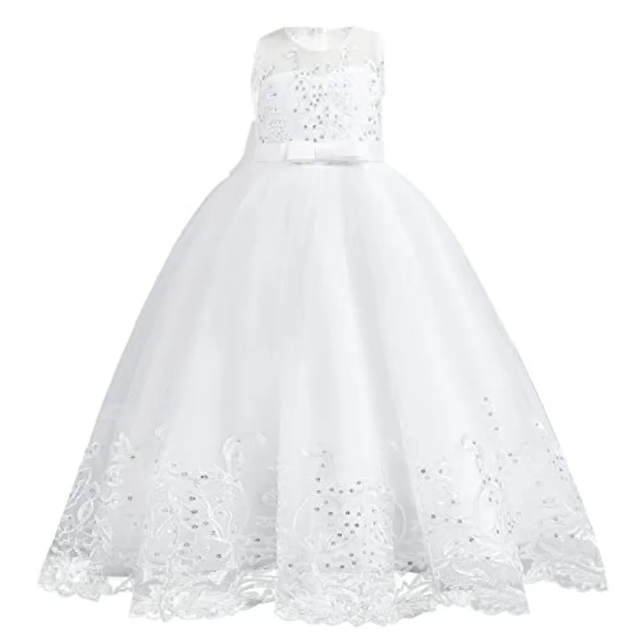 

IBTOM CASTLE Flower Girl Pageant Embroidery Lace Tulle Dress for Wedding Bridesmaid Birthday Party Formal Princess Gown