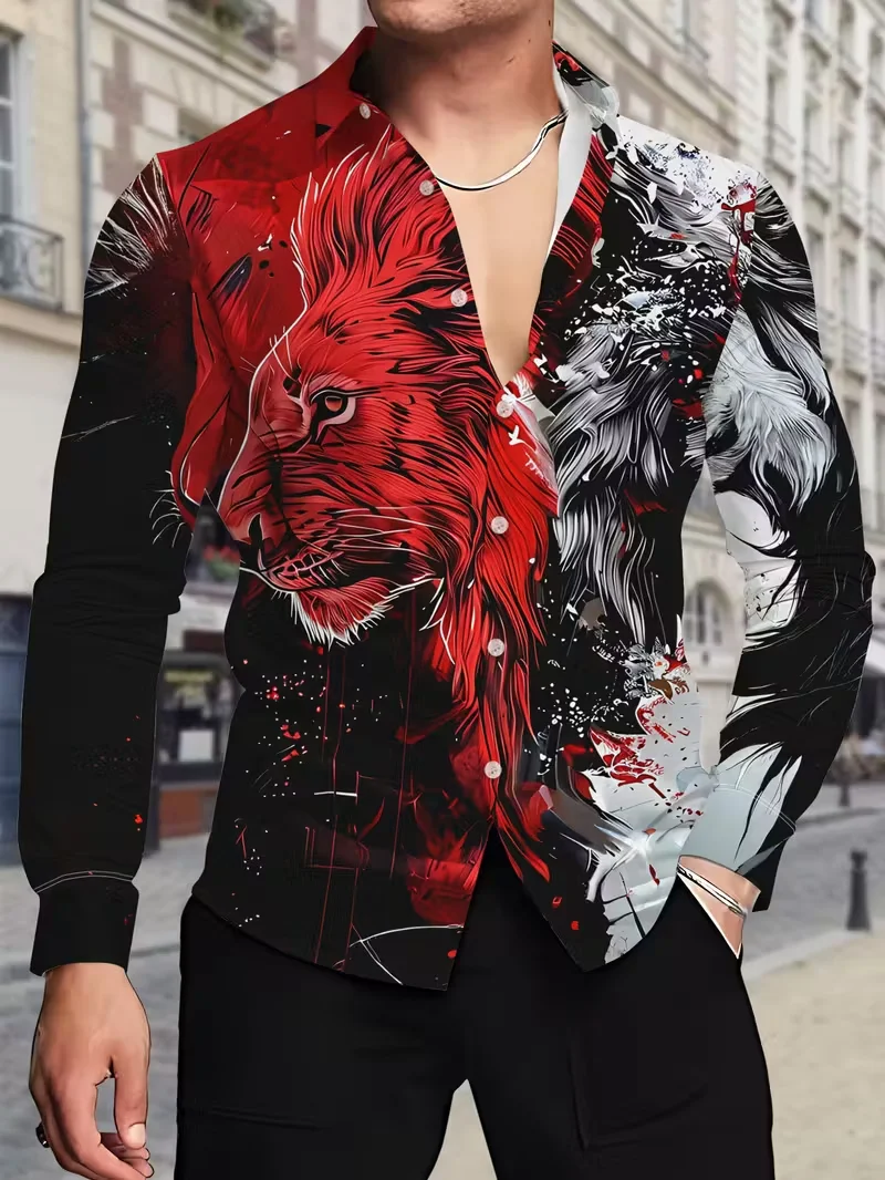 Men's 3D Animal Printed Casual And Comfortable Button Up Long Sleeved Shirt Suitable For All Seasons With A Lapel Shirt