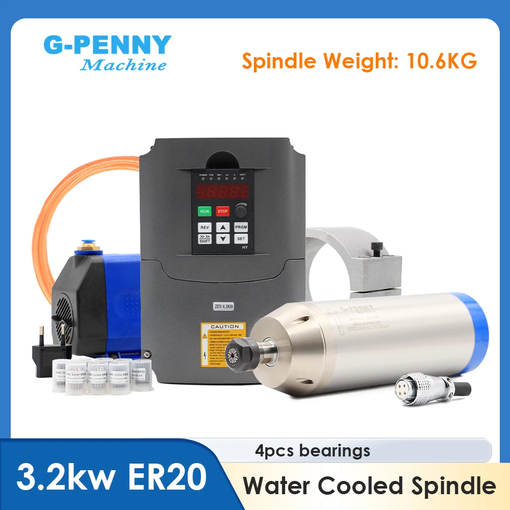 

3.2kw ER20 Water Cooled Spindle Kit 220v / 380v 3.2kw & HY 4kw inverter & 100mm Spindle Bracket & 75w Water Pump 5 Meter Tube