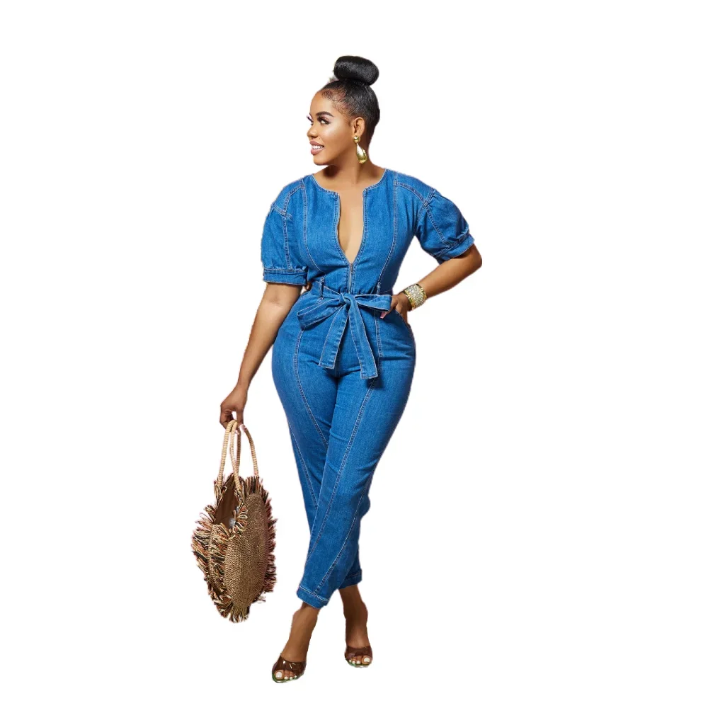 Women's One-Piece Round Neck Tight High Waist Lace-Up Bow Overalls - Slim Fit Denim Jumpsuit with Sheath Long Pants, Rompers