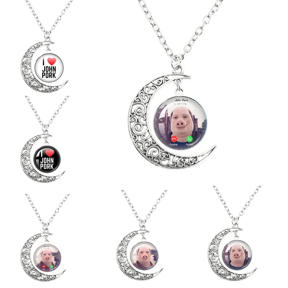 John Pork is Calling Answer Call Phone Humor Funny Pig Lover Graphic The moon Necklace Angel Wings Pendant Necklace Jewelry Gift
