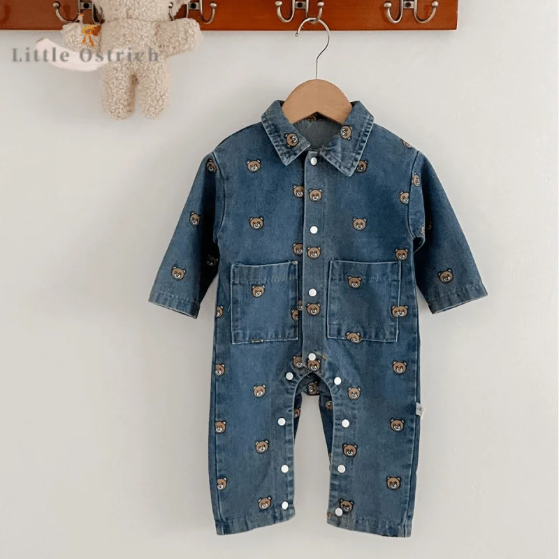 

Newborn Baby Girl Boy Cotton Romper Infant Toddler Child Long Sleeve Denim Jumpsuit Turn-down Collar Outwear Baby Clothes 3M-2Y