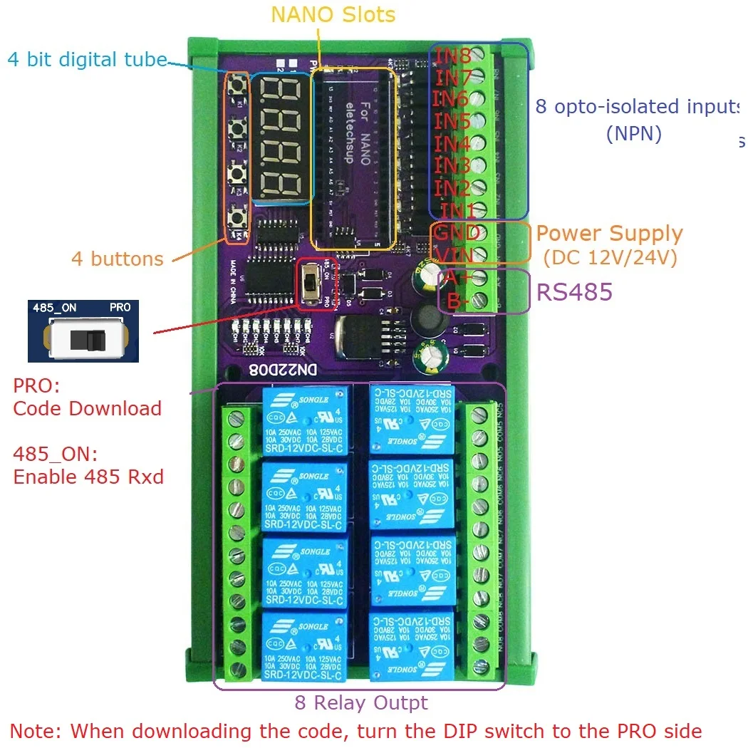 RS485 PLC IO Expanding Shield Module for Arduino NANO V3.0 DC 12V 24V 8ch Multifunction Delay Timer Switch Board