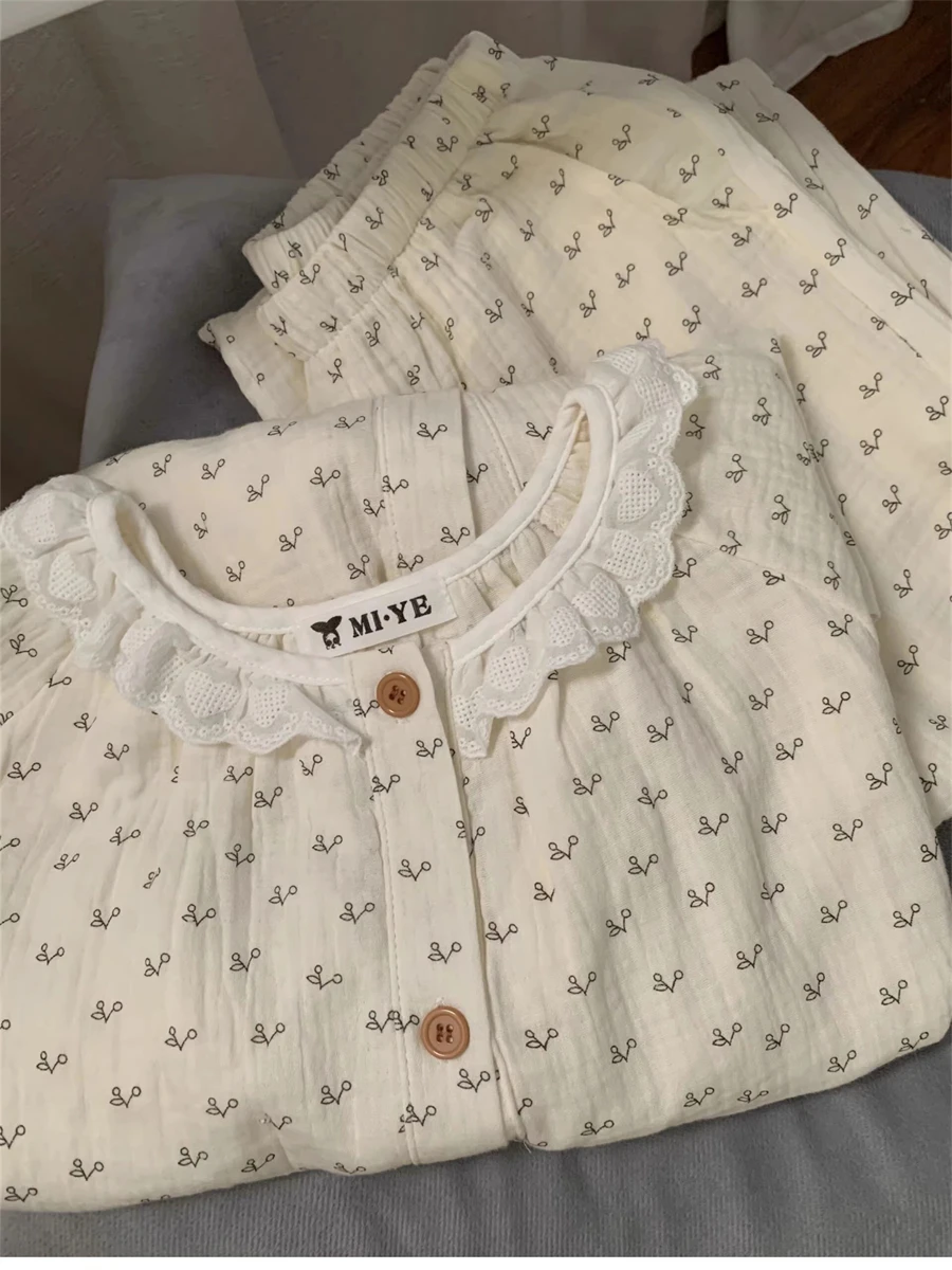 8911 بيجامة قطنية للسيدات للربيع والخريف كورية حلوة صغيرة مُزينة بالزهور يمكن للطلاب ارتداء سترة بأكمام طويلة مجموعة ملابس منزلية