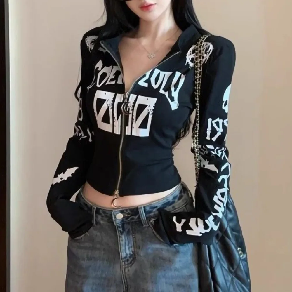 Y2K Spicy Girl Jacket Zipper Cardigan Stand Collar Print American Retro Skull Crop Top Cardigans Caaracter Fashionable Star Girl